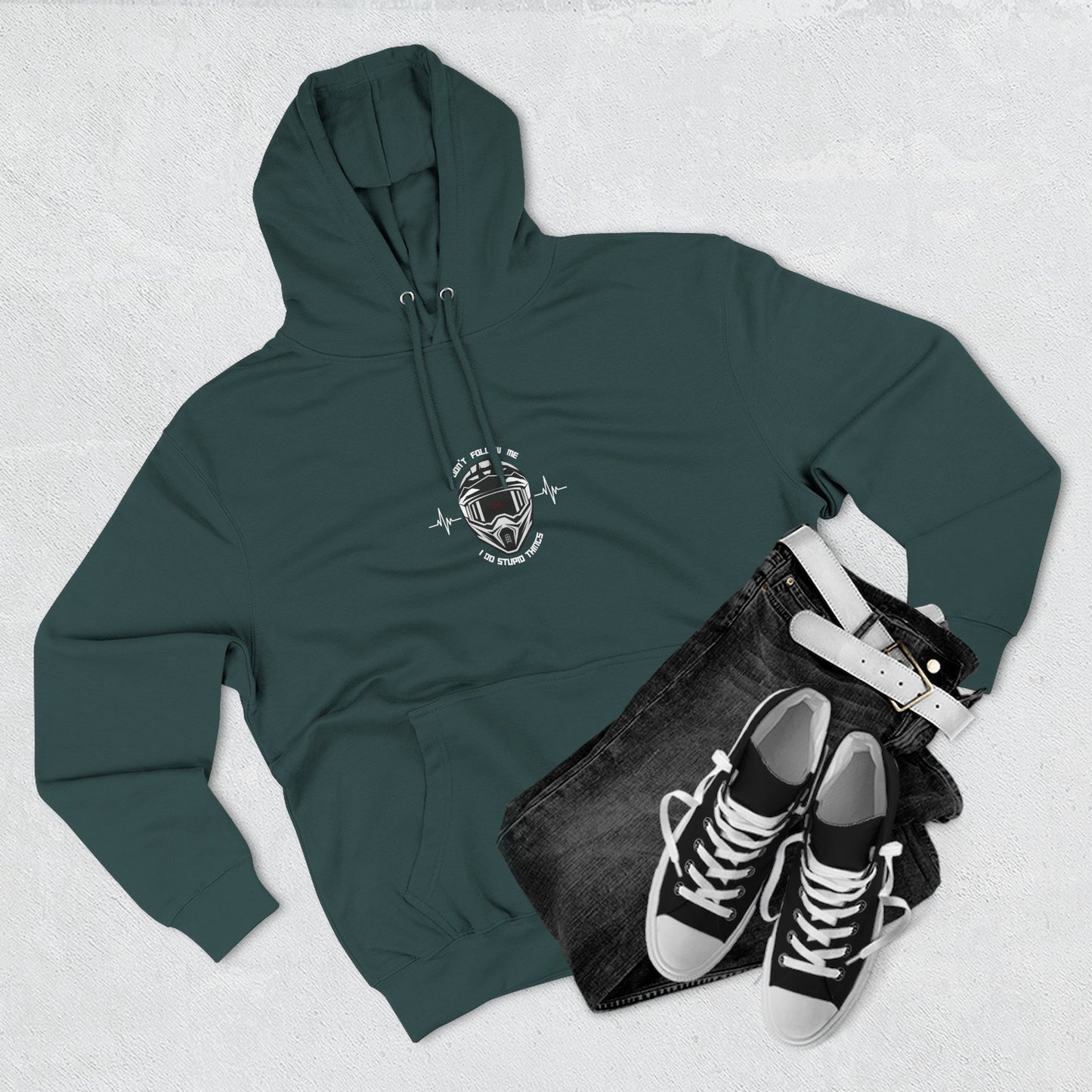 DON'T FOLLOW ME, I DO STUPID THINGS ( white lifeline) (black, heather grey, sports green) - "ECO and SUSTAINABLE, 80% Cotton, Three-Panel Fleece Hoodie-(BCI)(OEKO-TEX)