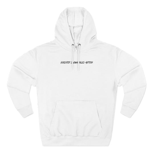 white Fleece hoodie with BOOSTED SNOWMOBILES MATTER text - eco-friendly snowmobile hoodie