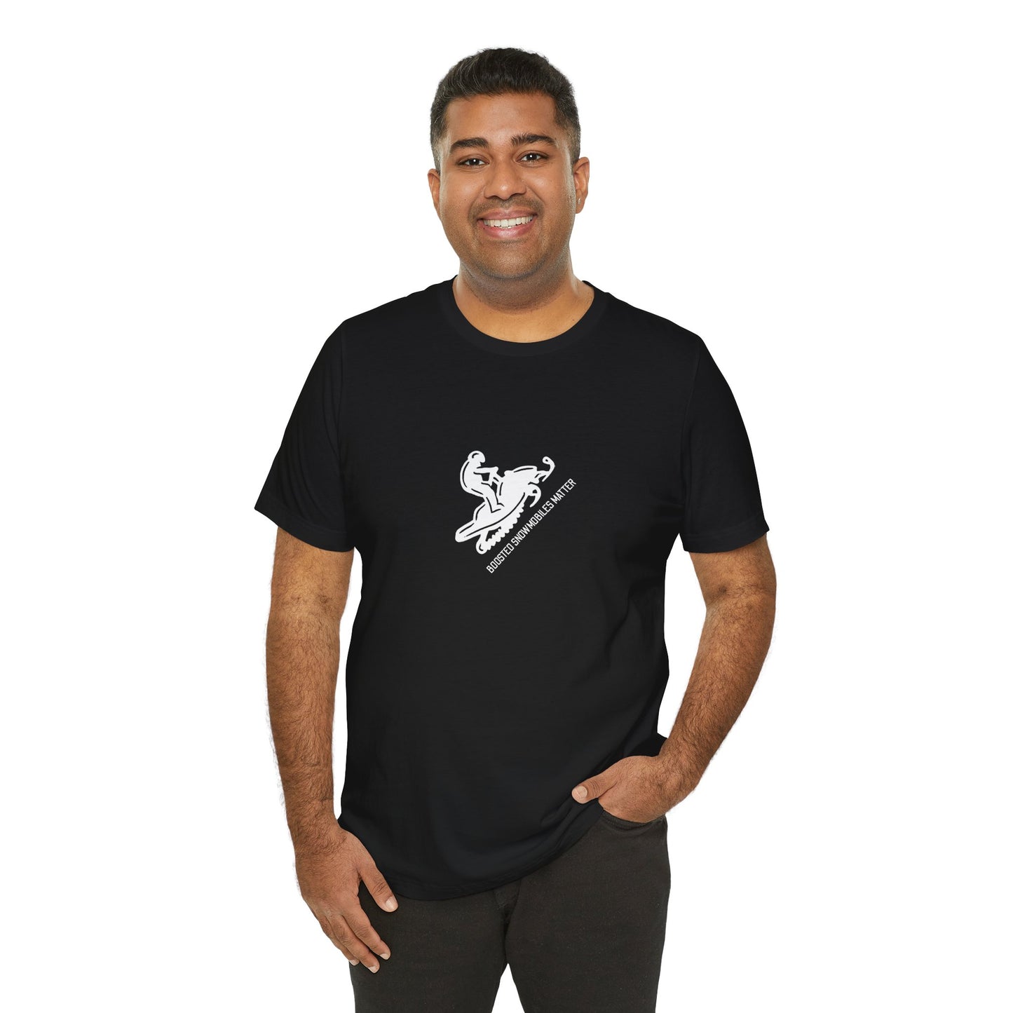 man wearing black unisex t-shirt with diagonal white text reading BOOSTED SNOWMOBILES MATTER - snowmobile culture apparel