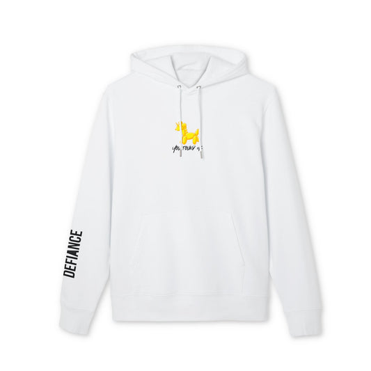 White hoodie with a yellow unicorn balloon animal  logo and text  that reads YOU FOUND ME on a white background