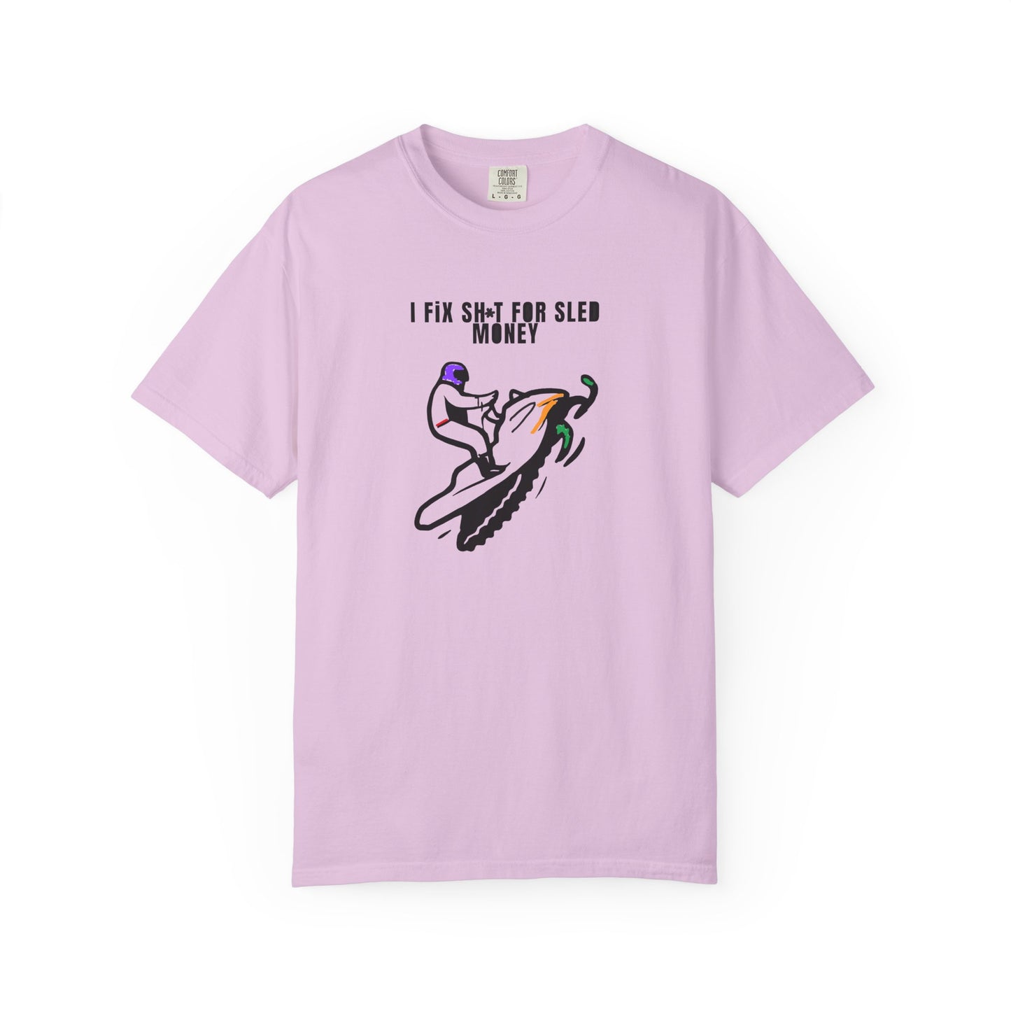 pink purple t-shirt with snowmobile graphic design and text on a white background