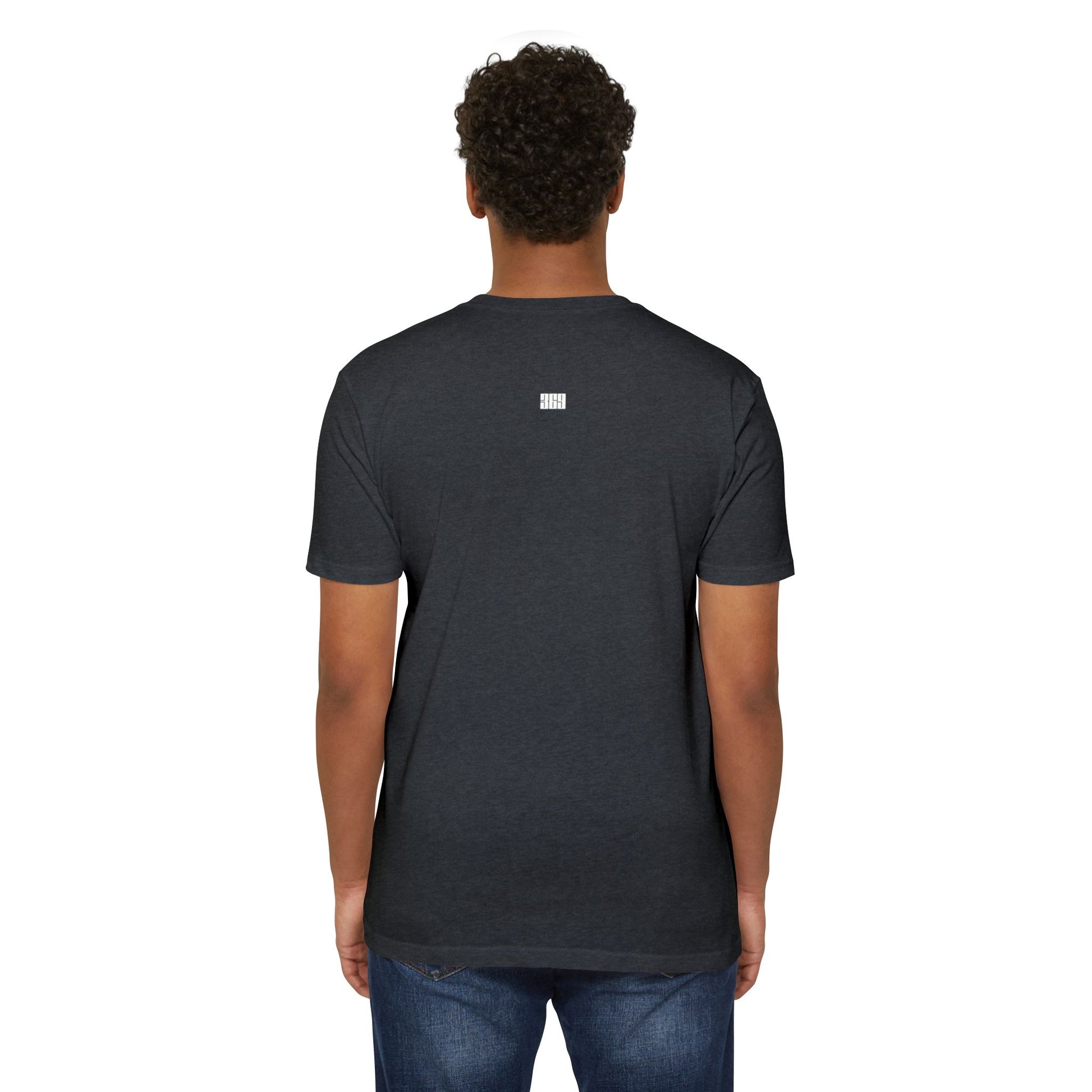 Person wearing a black t-shirt with a small logo on the back, standing against a white background