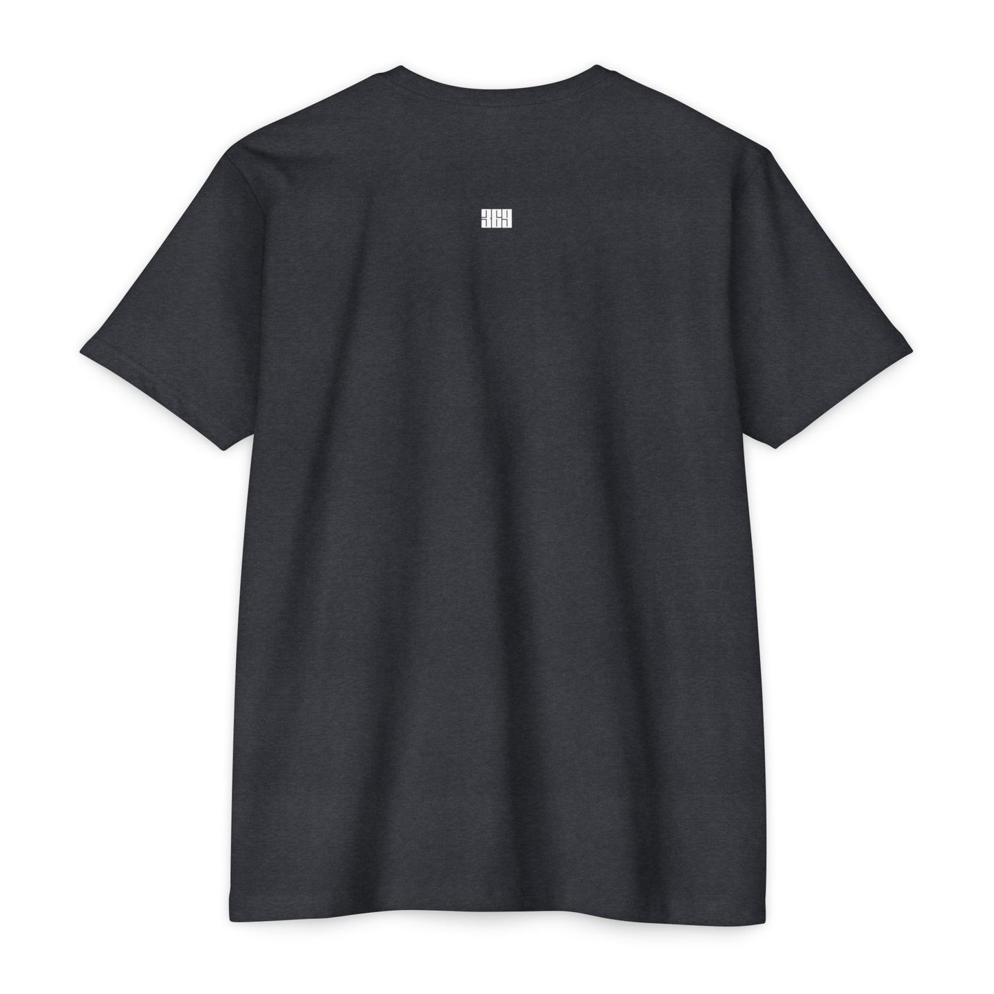 Black t-shirt with a small logo on the back against a white background