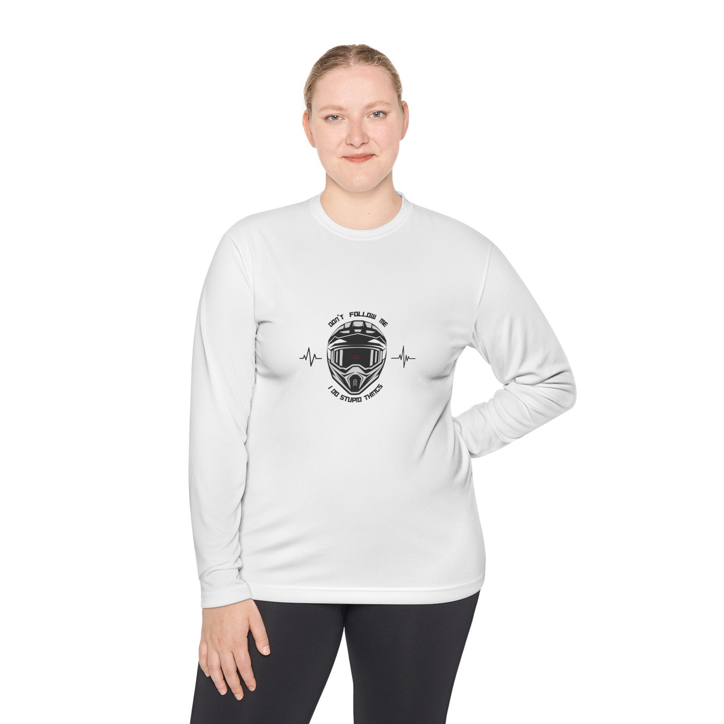 Woman wearing a white long-sleeve shirt with a graphic design on a white background
