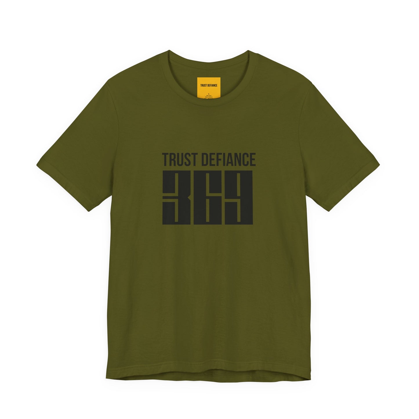 olive green unisex t-shirt with TRUST DEFIANCE 369 graphic print - manifestation streetwear tee