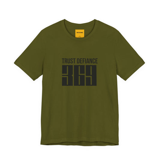 olive green unisex t-shirt with TRUST DEFIANCE 369 graphic print - manifestation streetwear tee