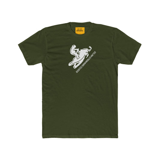 Green t-shirt with a snowmobile graphic design and text boosted snowmobiles matter on a white background