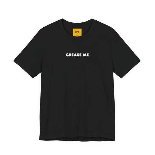 unisex t-shirt in black with bold white text - front view with yellow neck label secret message