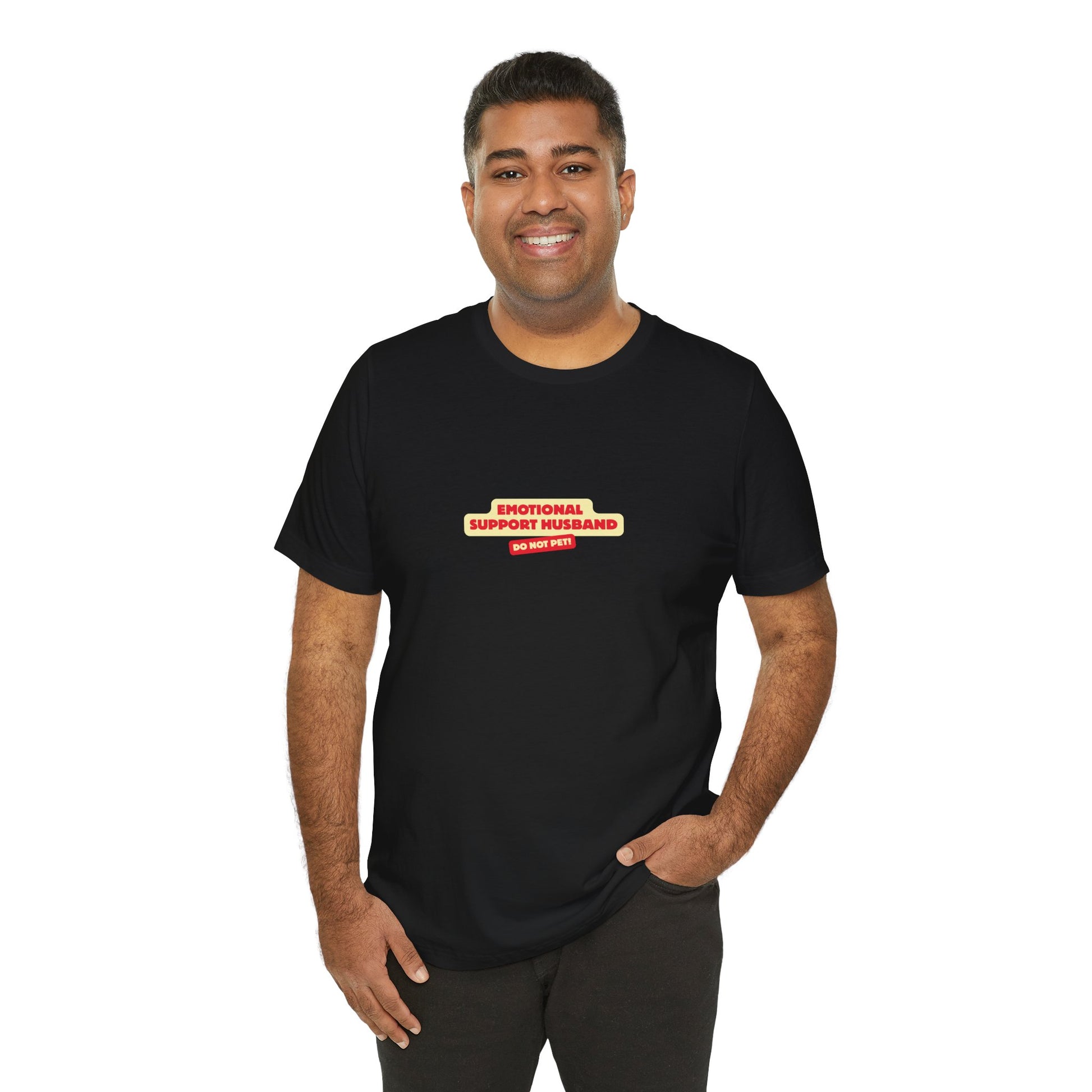 Person wearing EMOTIONAL SUPPORT HUSBAND black shirt - funny anniversary gift for him