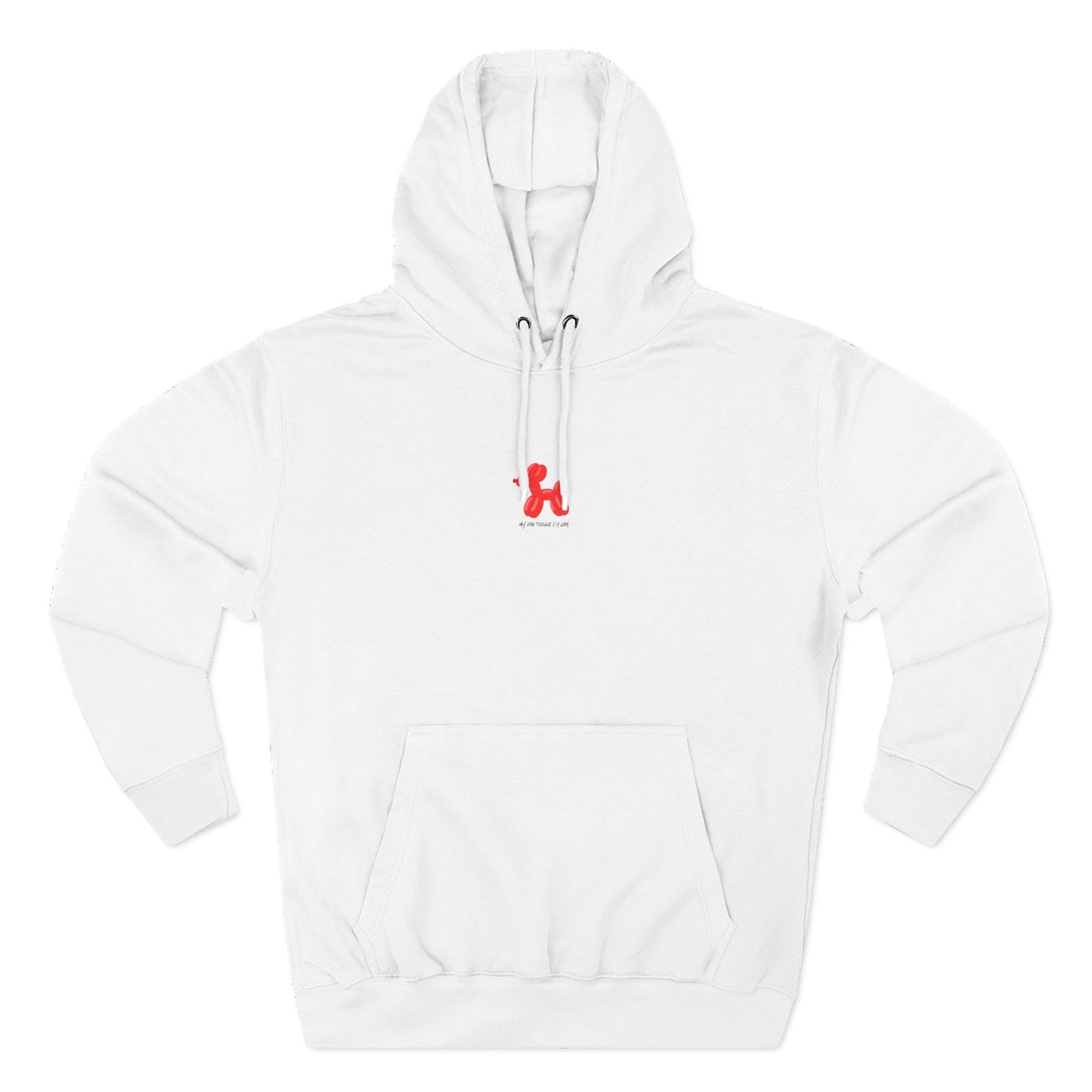 white pullover hoodie with my dog thinks i'm cool text and red balloon dog graphic