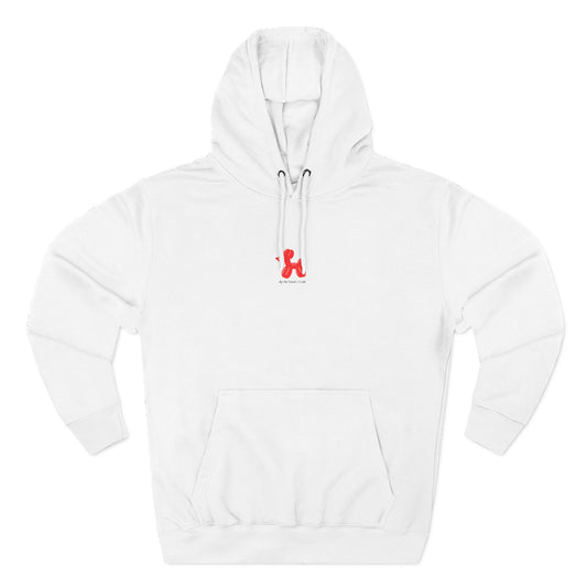 white pullover hoodie with my dog thinks i'm cool text and red balloon dog graphic