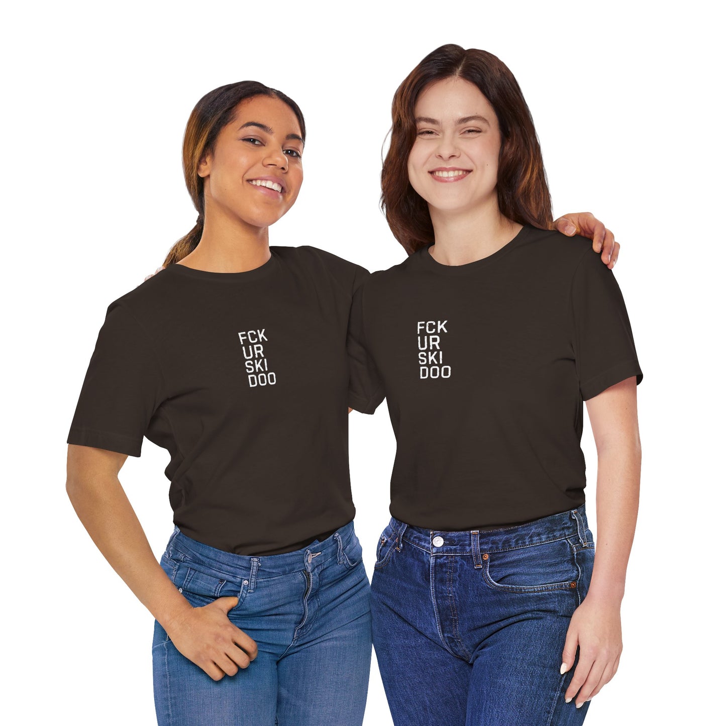two people wearing FCKURSKIDO graphic tee - funny snowmobile brand rivalry Arctic Cat Polaris Yamaha shirt