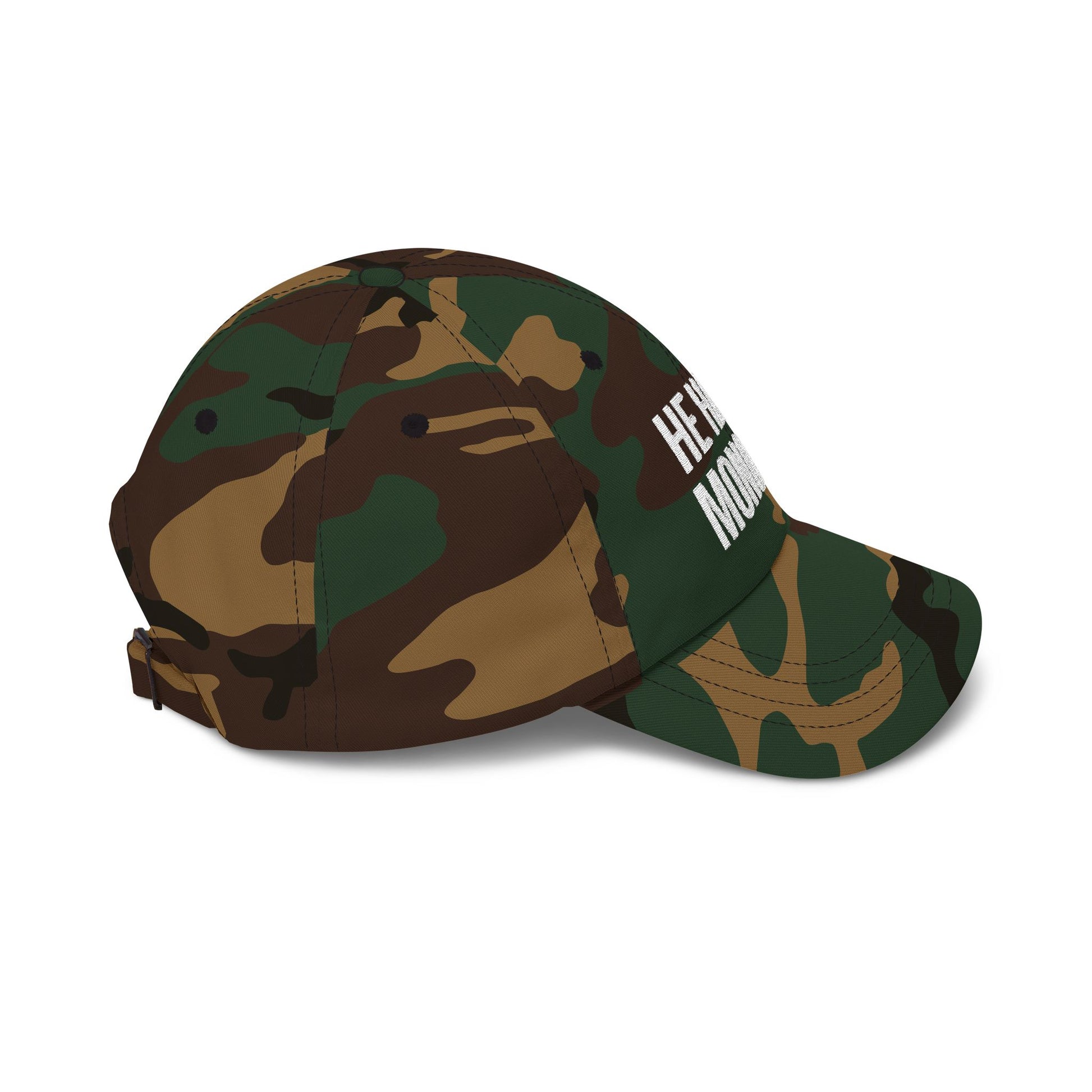 Camouflage-patterned cap with HE HAD A MONOCLE text on a white background