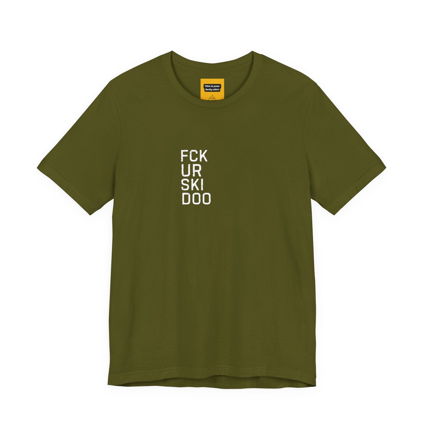 olive green unisex t-shirt with FCKURSKIDO text - funny snowmobile rivalry tee