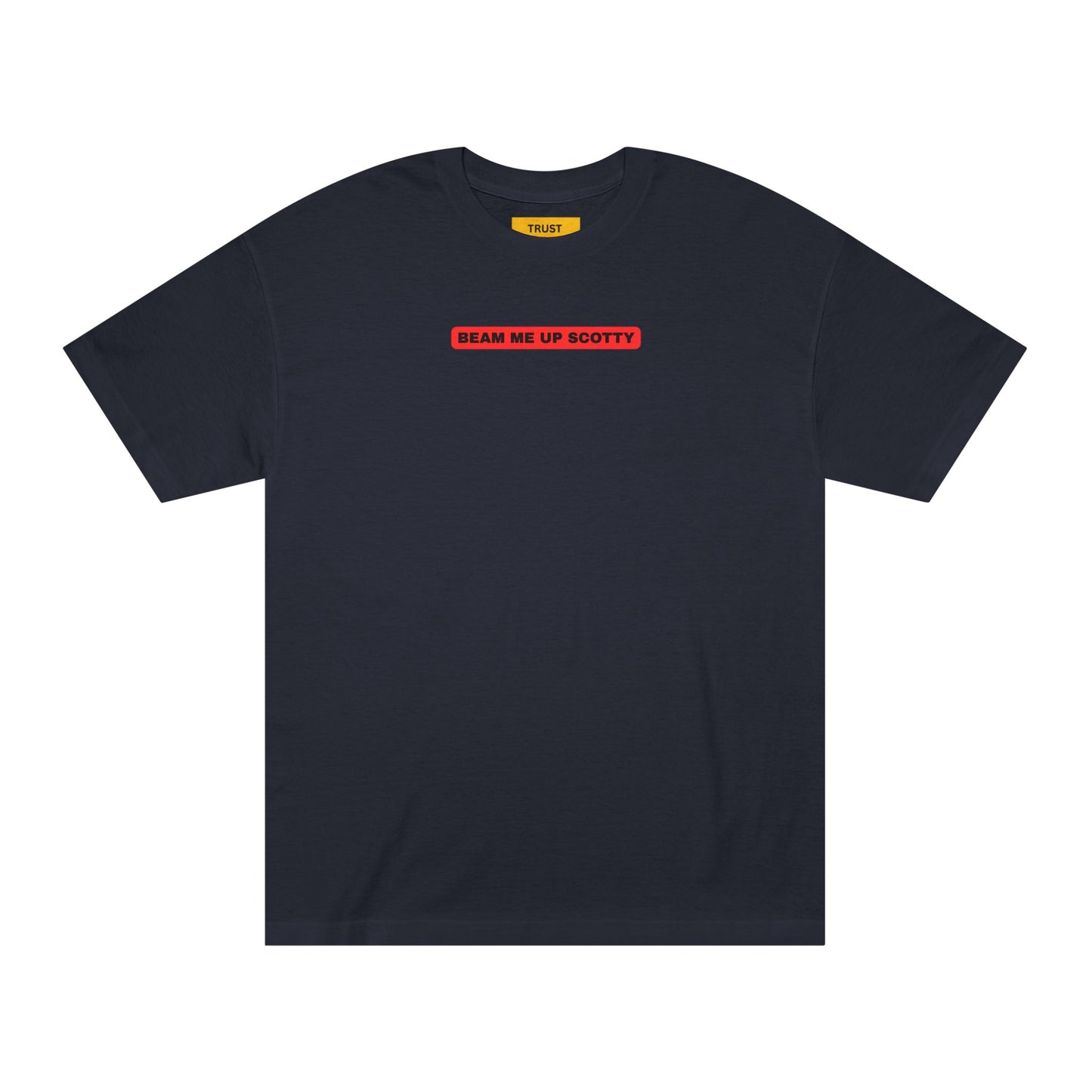 Beam Me Up Scotty Mandela Effect t-shirt with bold red background design, 100% cotton American Apparel 1301 unisex tee
