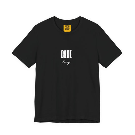 black unisex t-shirt with CAKE DAY text - birthday celebration tee