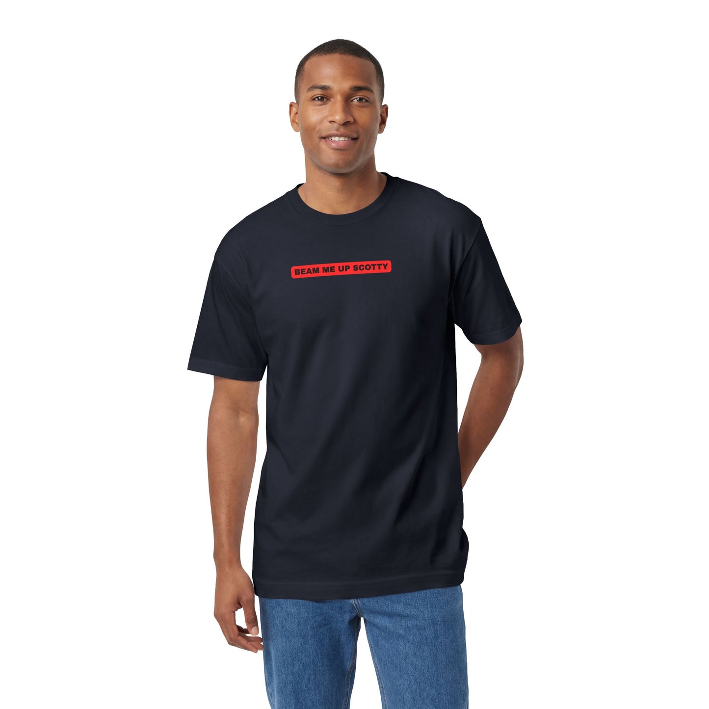 Male model wearing Beam Me Up Scotty Mandela Effect t-shirt with red background, classic fit American Apparel unisex tee