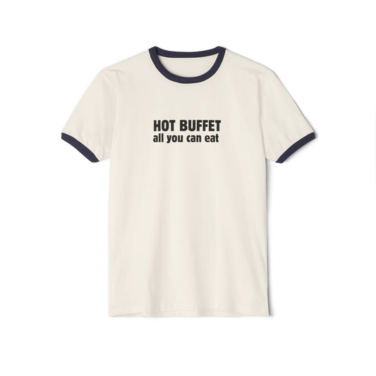 White t-shirt with black text 'HOT BUFFET all you can eat' on a white background