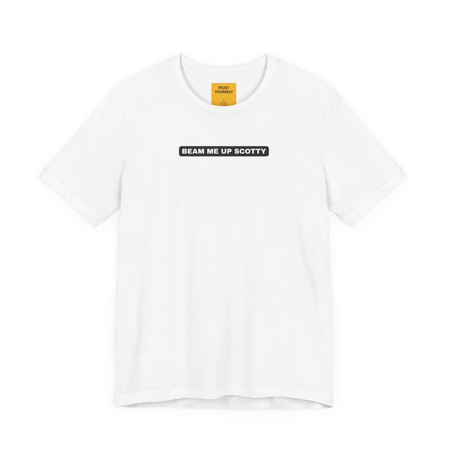Beam Me Up Scotty Mandela Effect t-shirt in white, unisex Bella Canvas 3001, featuring Star Trek misquote text design inn white on black background stripe
