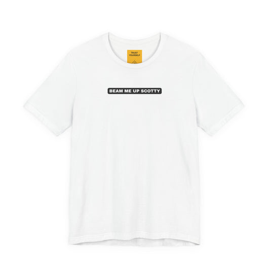 Beam Me Up Scotty Mandela Effect t-shirt in white, unisex Bella Canvas 3001, featuring Star Trek misquote text design inn white on black background stripe