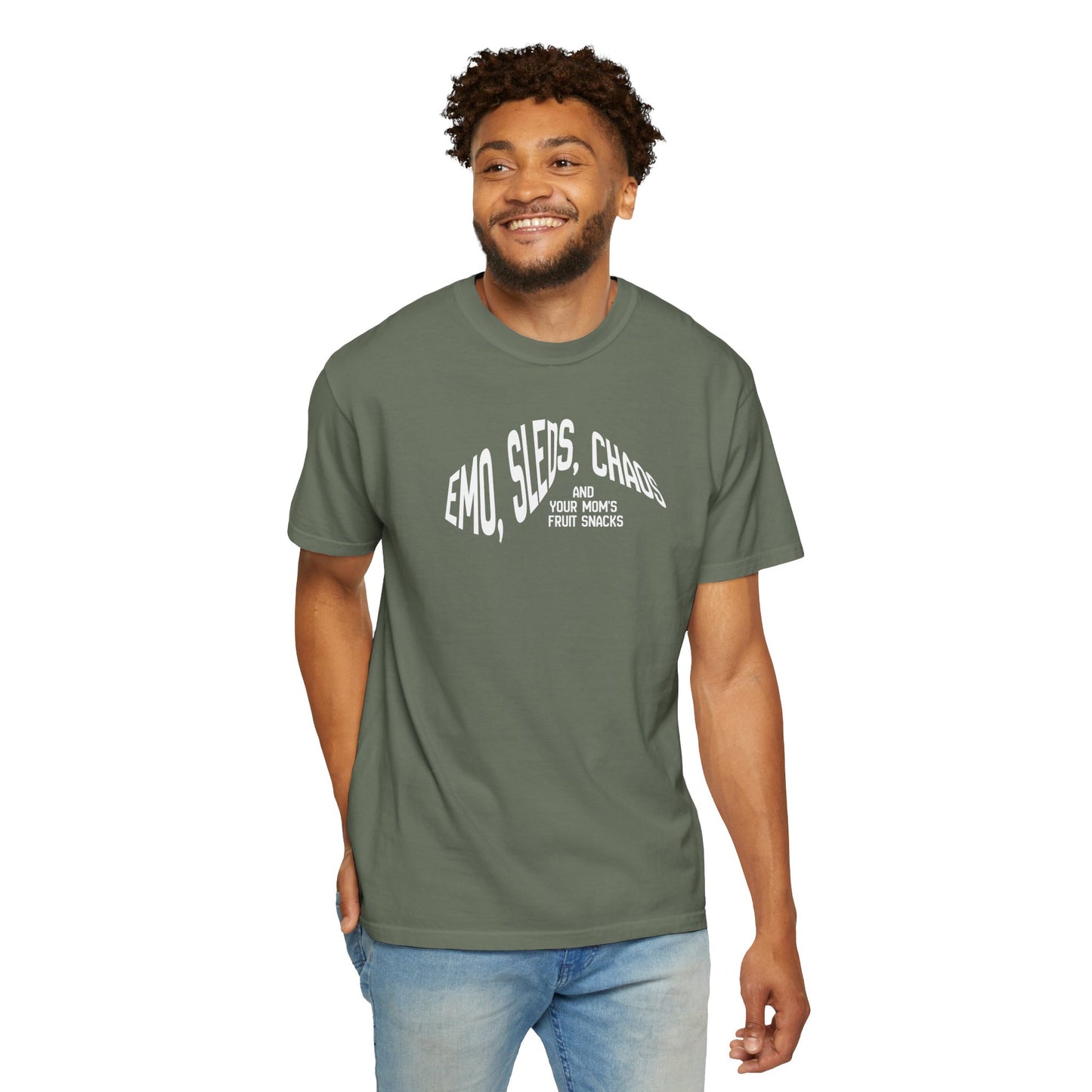 man wearing Emo Sleds Chaos Your Mom's Fruit Snacks garment-dyed t-shirt in relaxed fit, heavyweight ring-spun cotton in moss green
