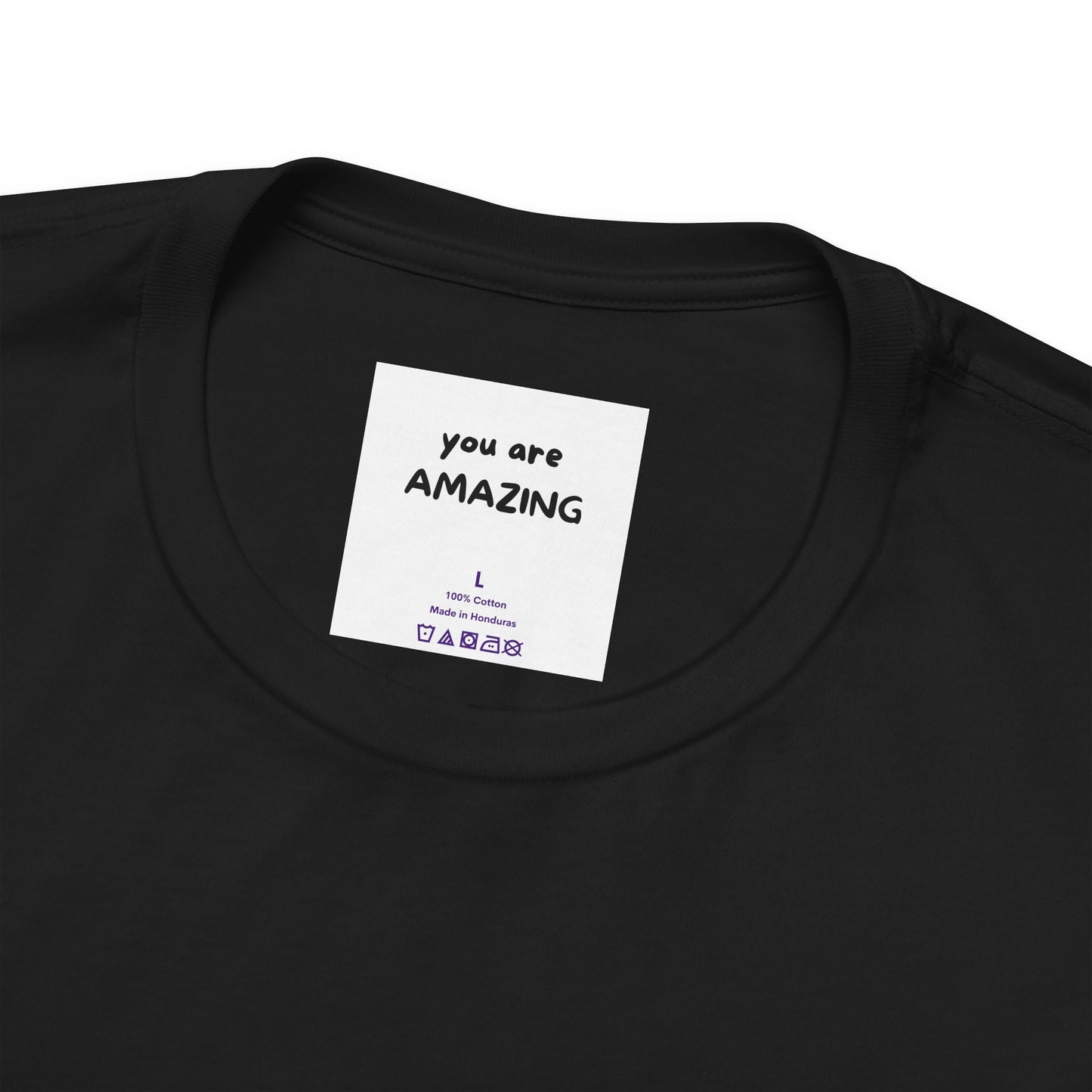 close-up of neck label YOU ARE AMAZING bella canvas 3001 tee