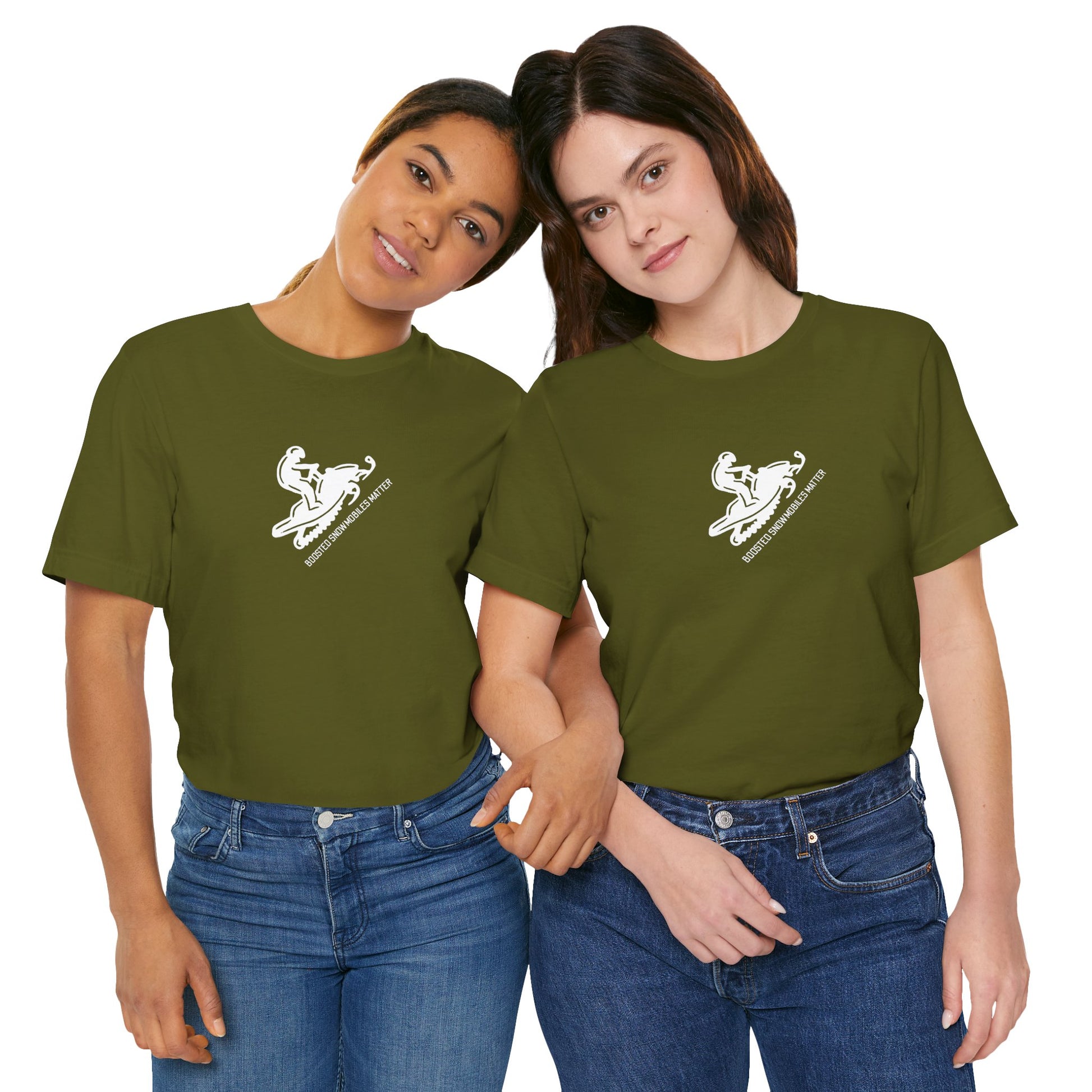 female models wearing green unisex t-shirt with diagonal white text reading BOOSTED SNOWMOBILES MATTER - snowmobile culture apparel
