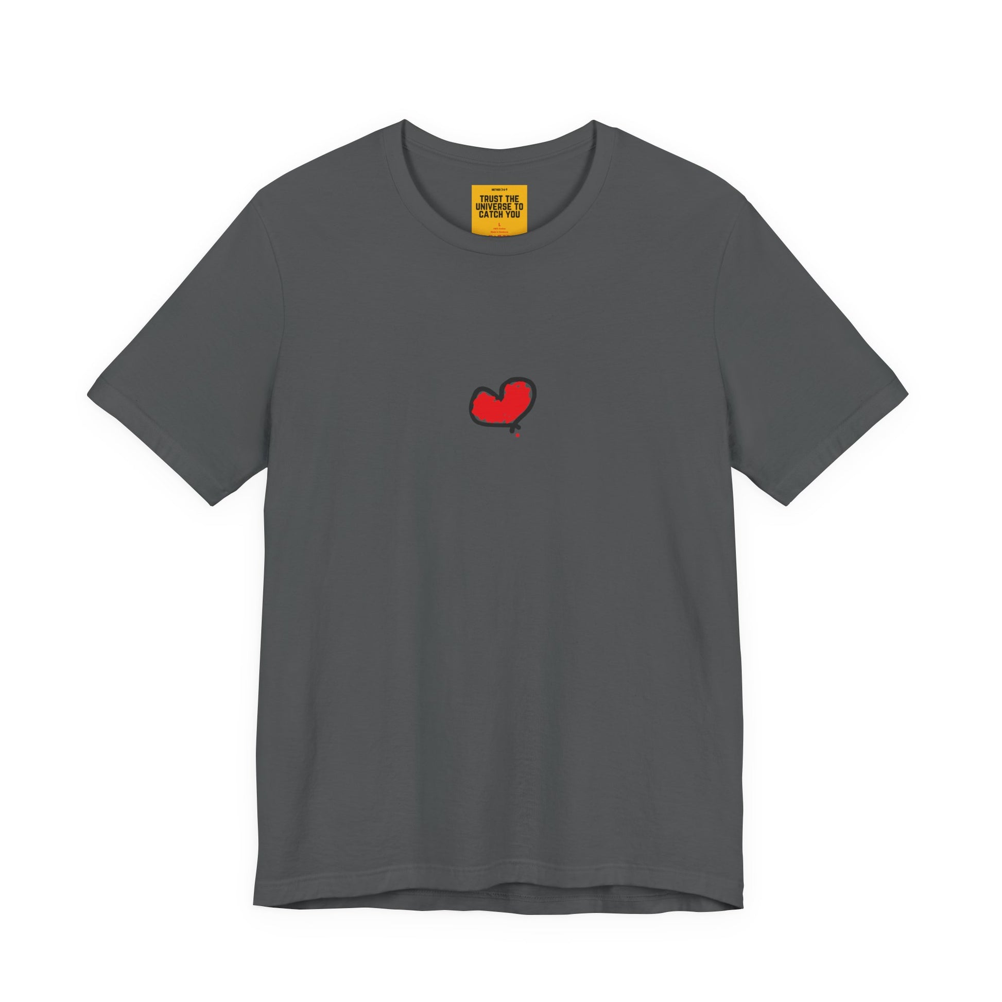 t-shirt with a red heart a.hooman original design on a white background with yellow tag Trust the Universe to Catch you
