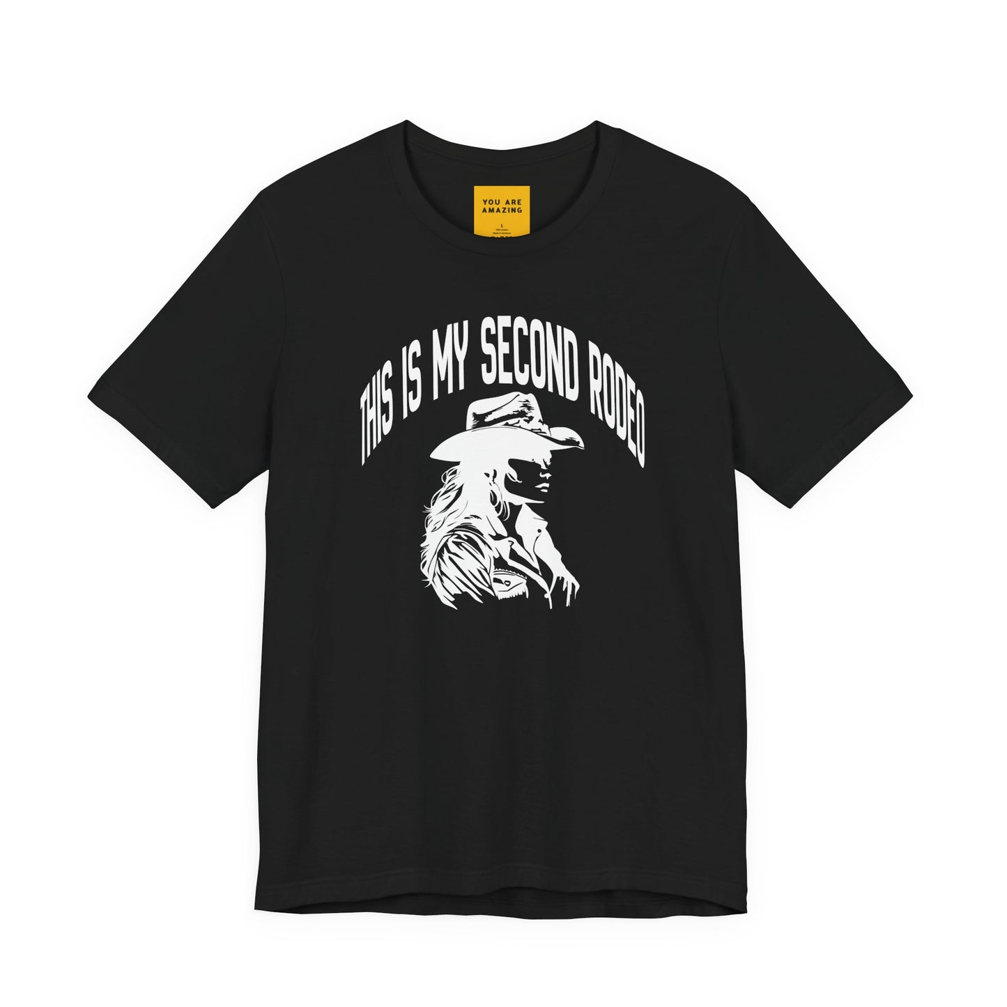  Black This Is My Second Rodeo cowgirl t-shirt with hand-drawn western graphic and cheeky slogan on front