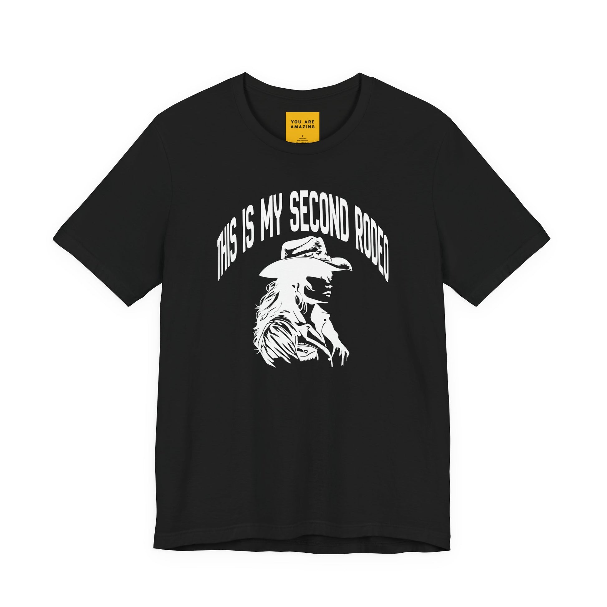  Black This Is My Second Rodeo cowgirl t-shirt with hand-drawn western graphic and cheeky slogan on front