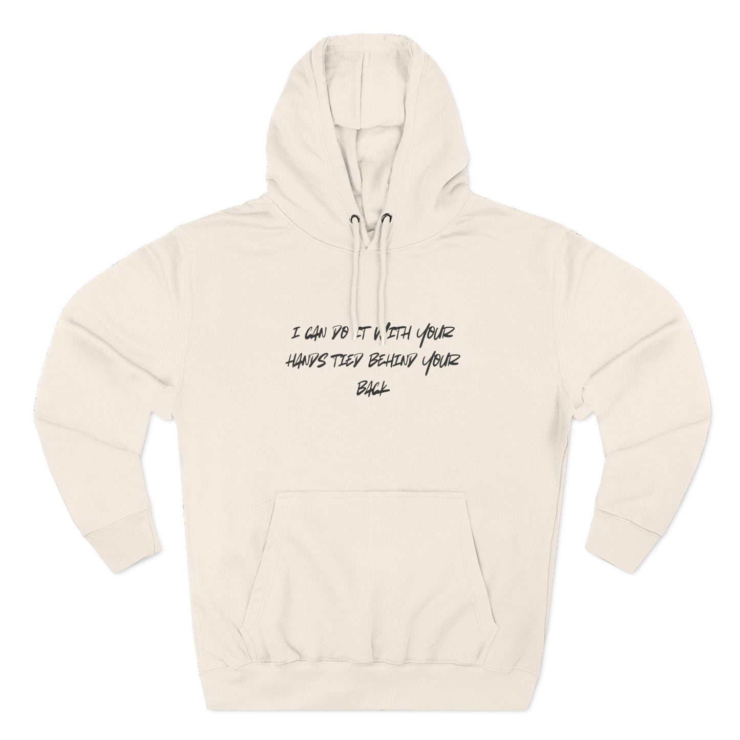 Beige hoodie with text on a white background