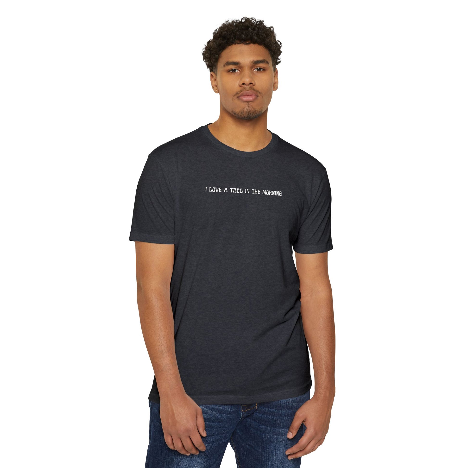Man wearing a black t-shirt with text on a white background