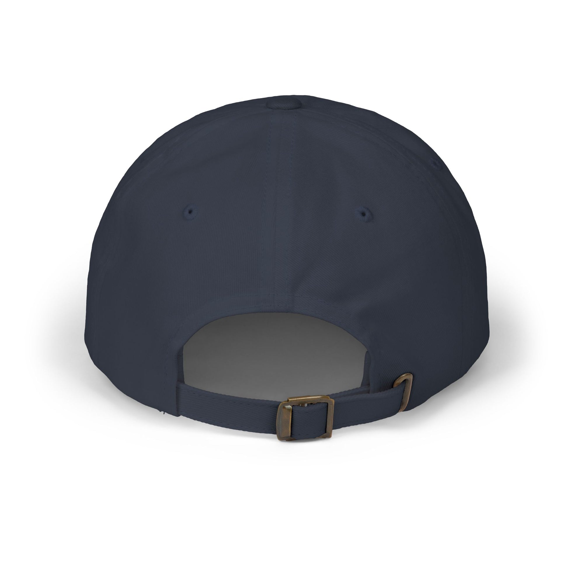 Navy blue cap with a brown buckle on a white background- back view