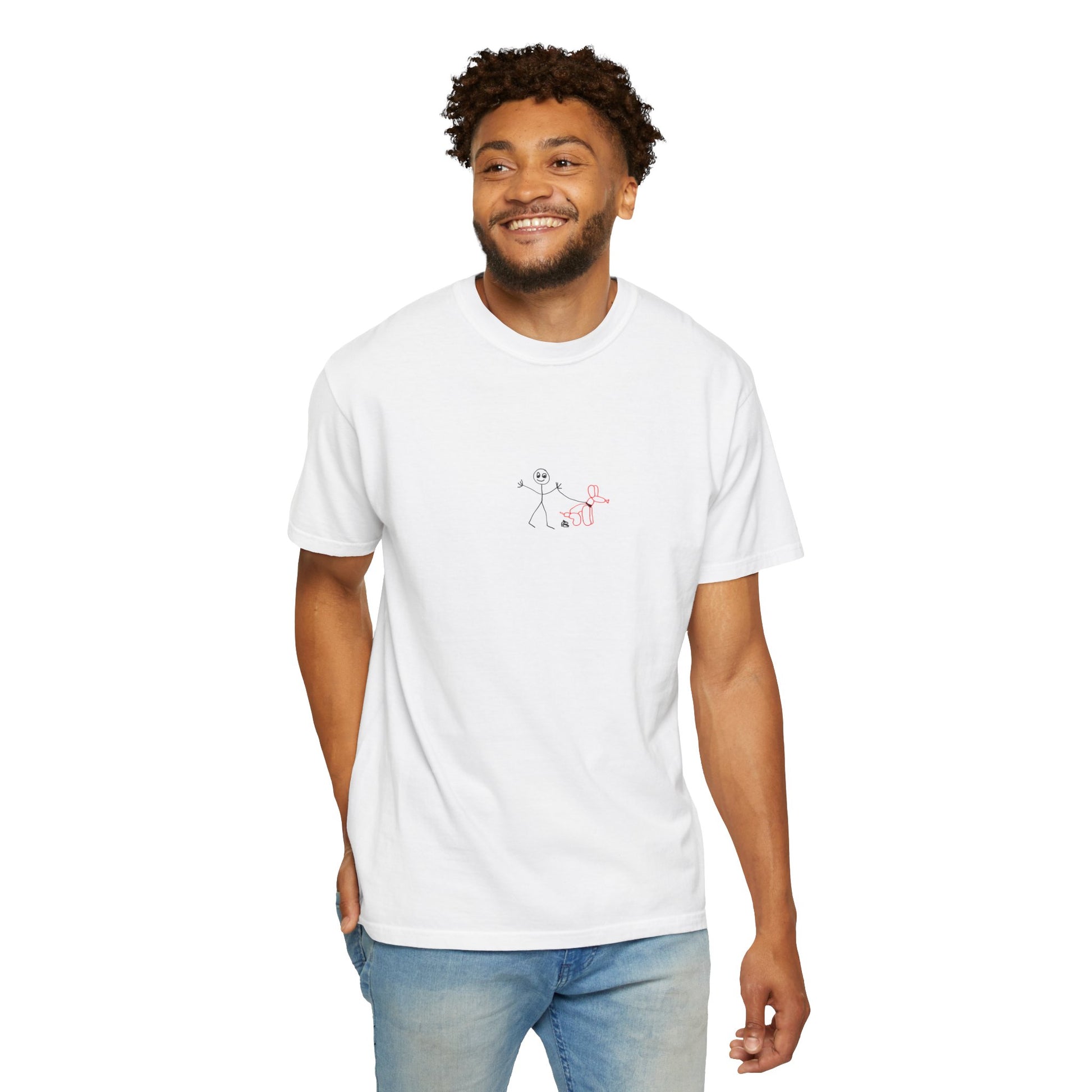 Man wearing a White t-shirt with a small a.hooman  stick man and balloon dog graphic on a white background