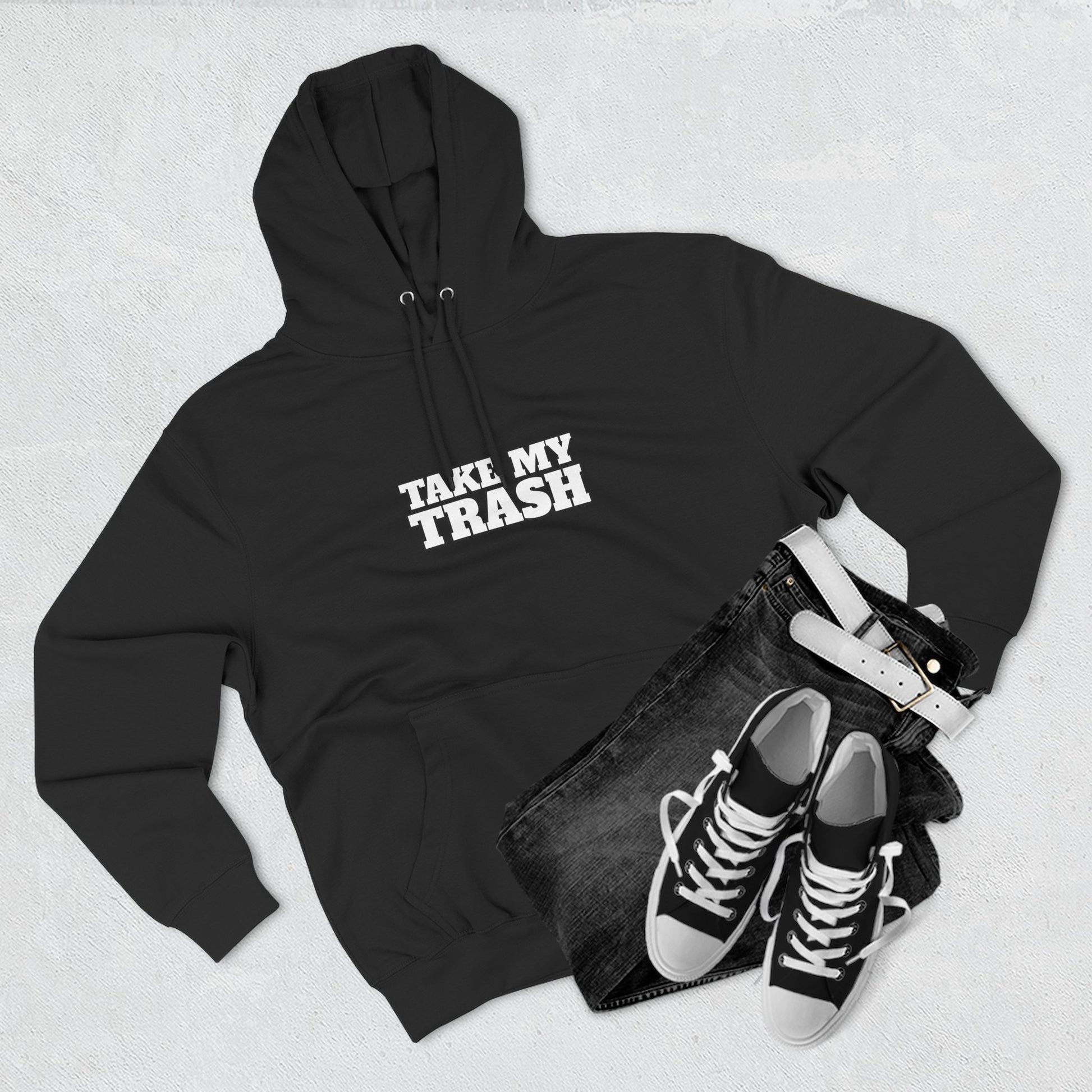 Black pullover hoodie with TAKE MY TRASH text - funny breakup hoodie anti-Valentine's