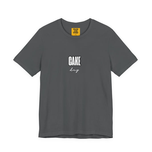 gray unisex t-shirt with CAKE DAY text - birthday celebration tee