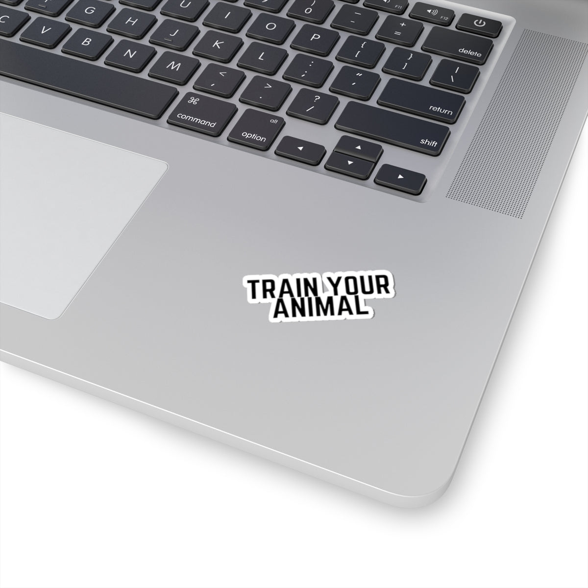 Laptop with 'TRAIN YOUR ANIMAL' sticker on the palm rest area
