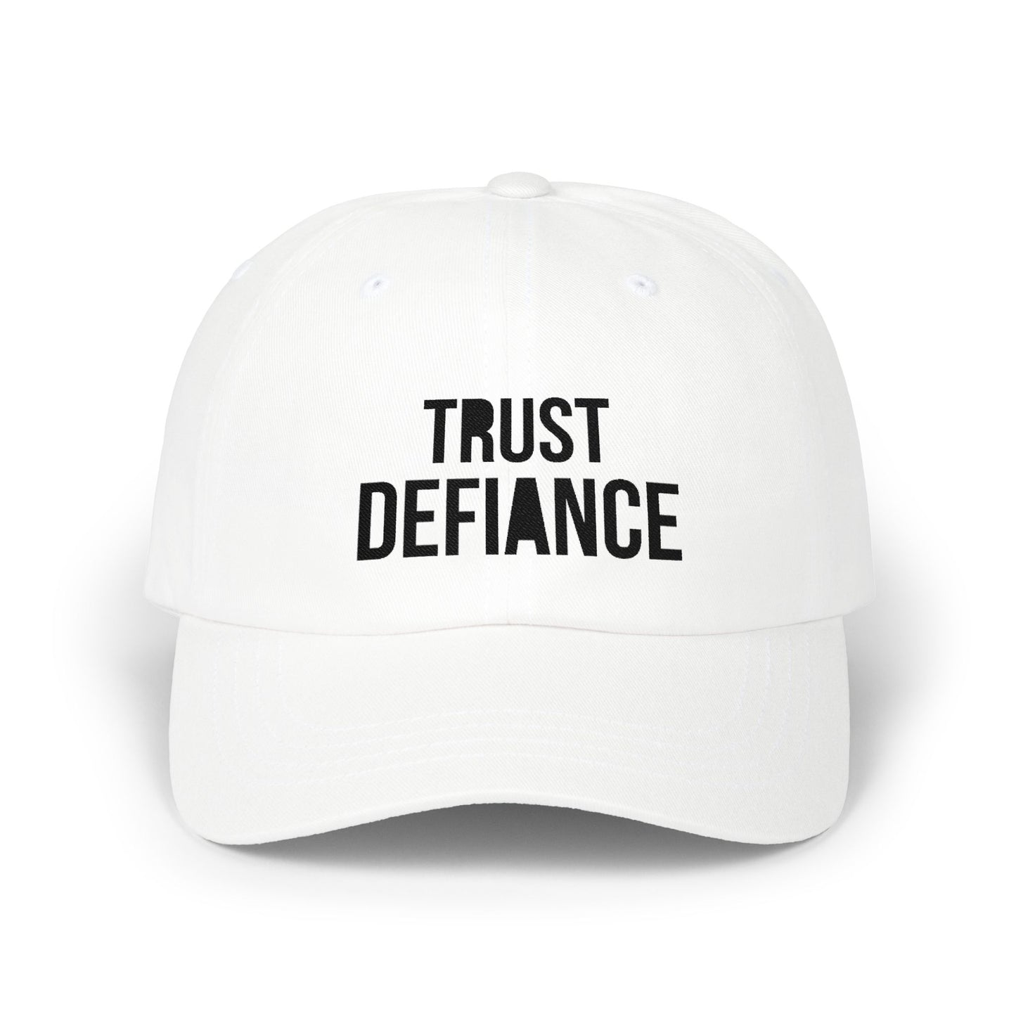 Classic dad cap with black embroidered TRUST DEFIANCE text - unstructured cotton hat