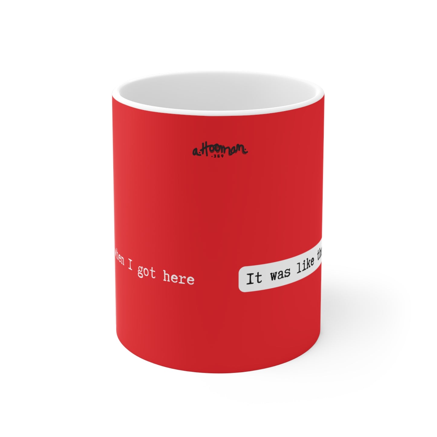 Red mug with white interior, text on a white background