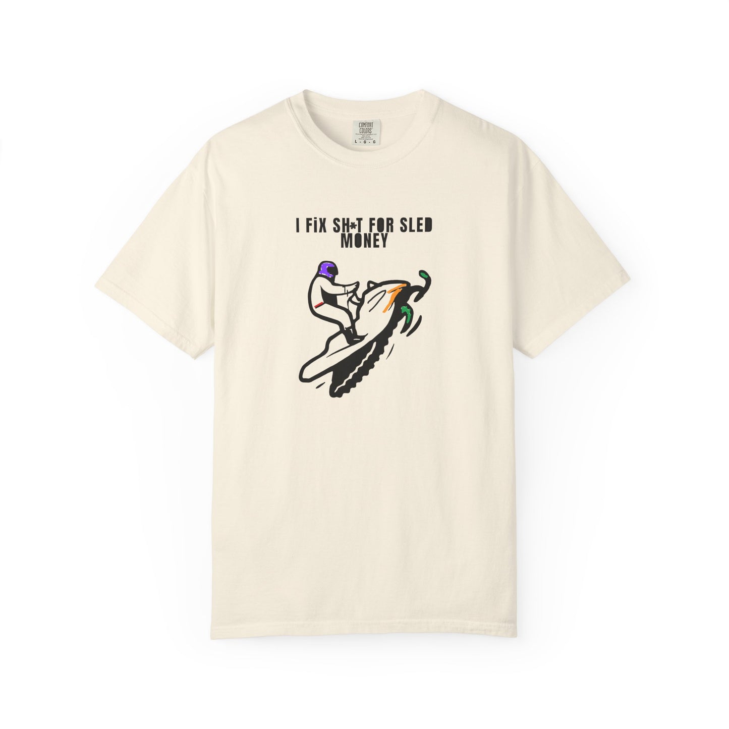 beige  t-shirt with snowmobile graphic design and text on a white background