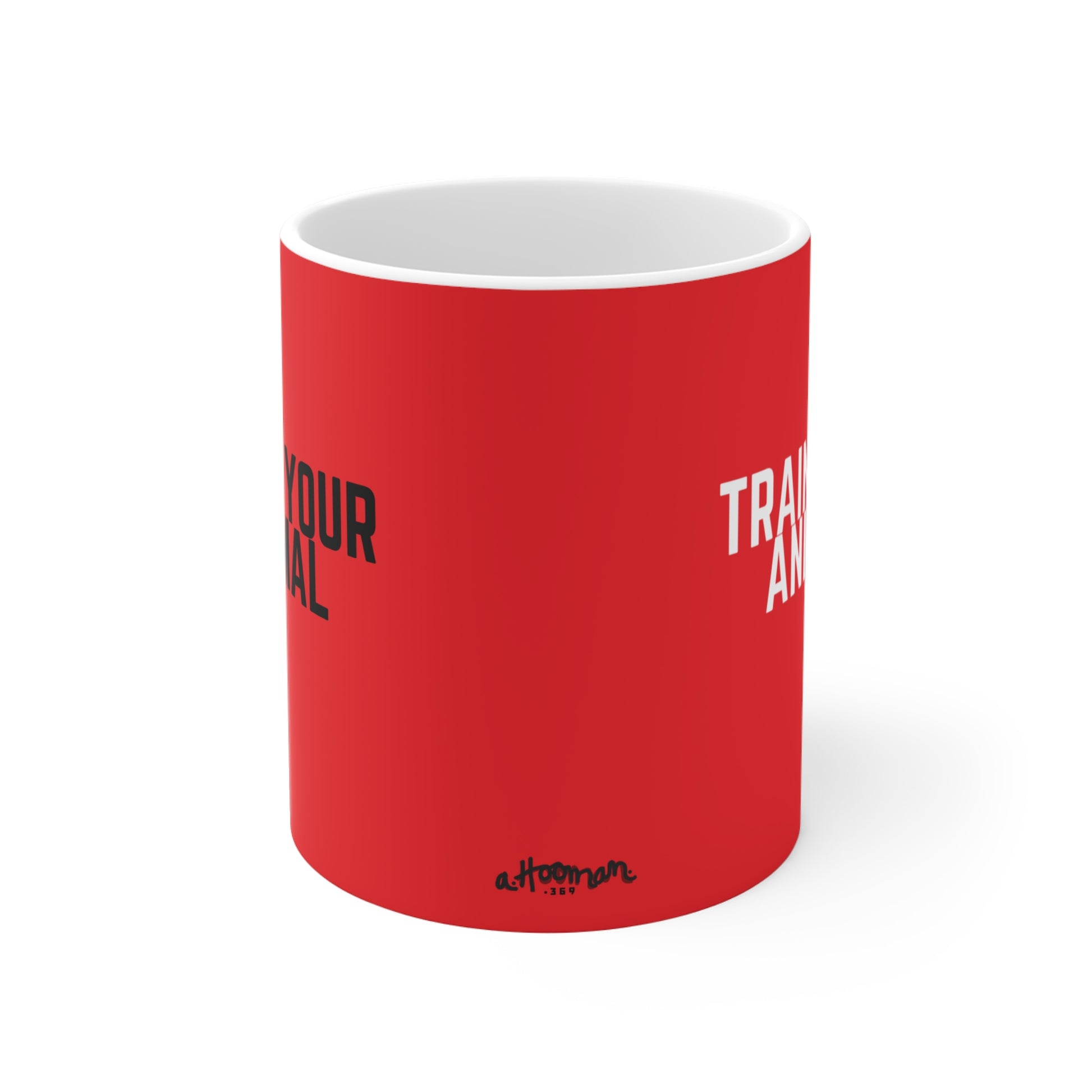 Red mug with text signature by a.hooman on a white background side view