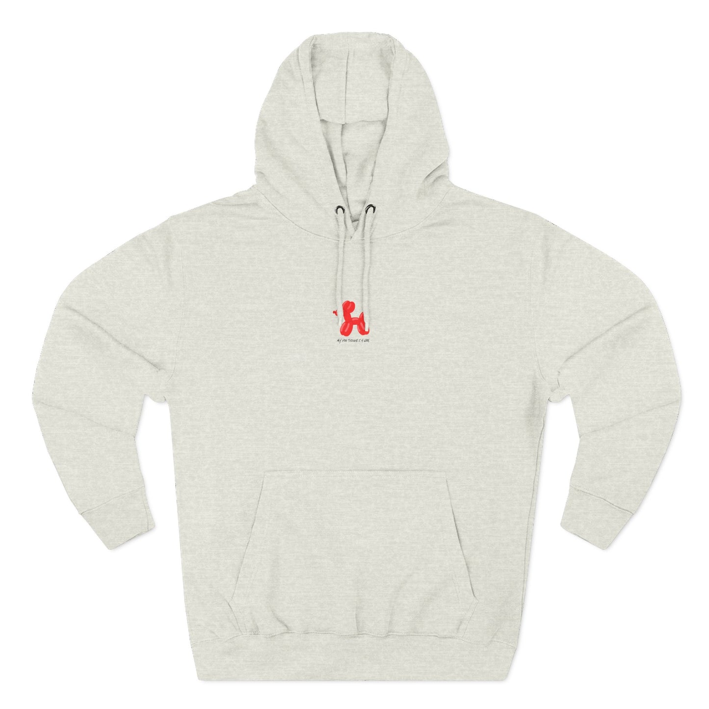 light grey pullover hoodie with my dog thinks i'm cool text and red balloon dog graphic