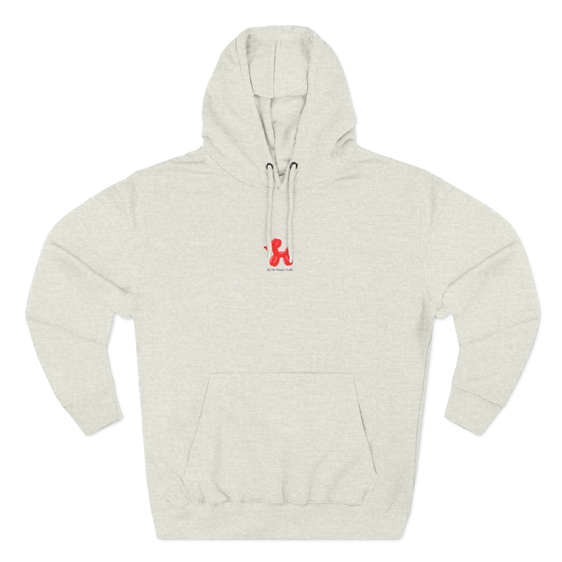 light grey pullover hoodie with my dog thinks i'm cool text and red balloon dog graphic
