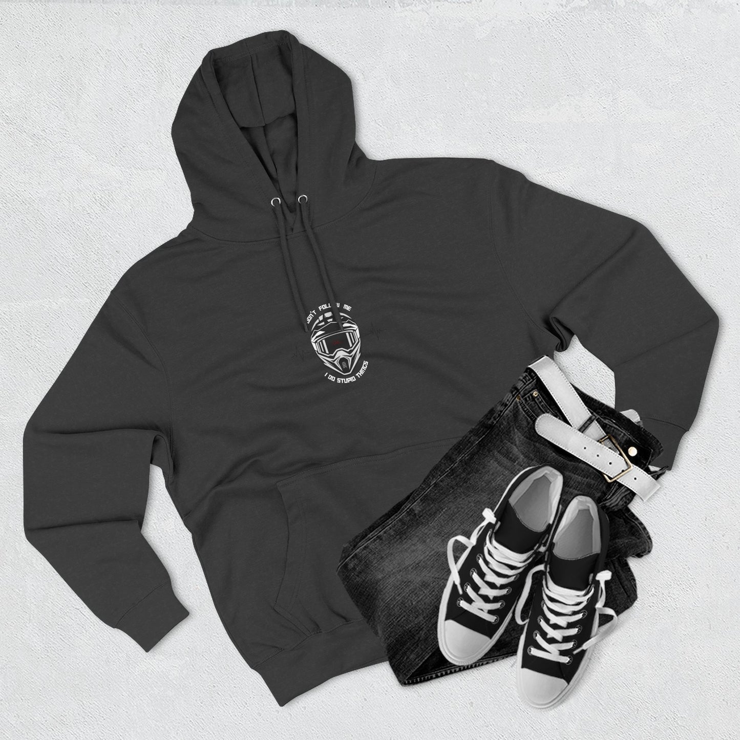 DON'T FOLLOW ME, I DO STUPID THINGS -front graphic -"ECO and SUSTAINABLE, 80% Cotton, Three-Panel Fleece Hoodie-(BCI)(OEKO-TEX)