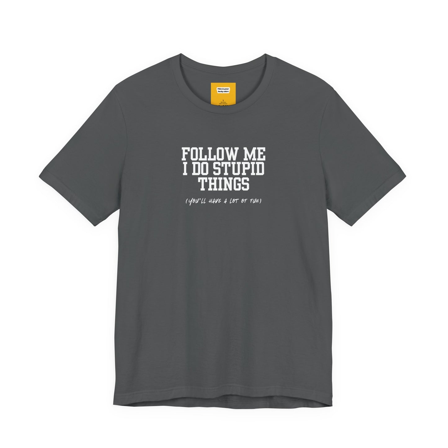 grey  t-shirt with white text Follow Me I  Do Stupid Things on a white background 
