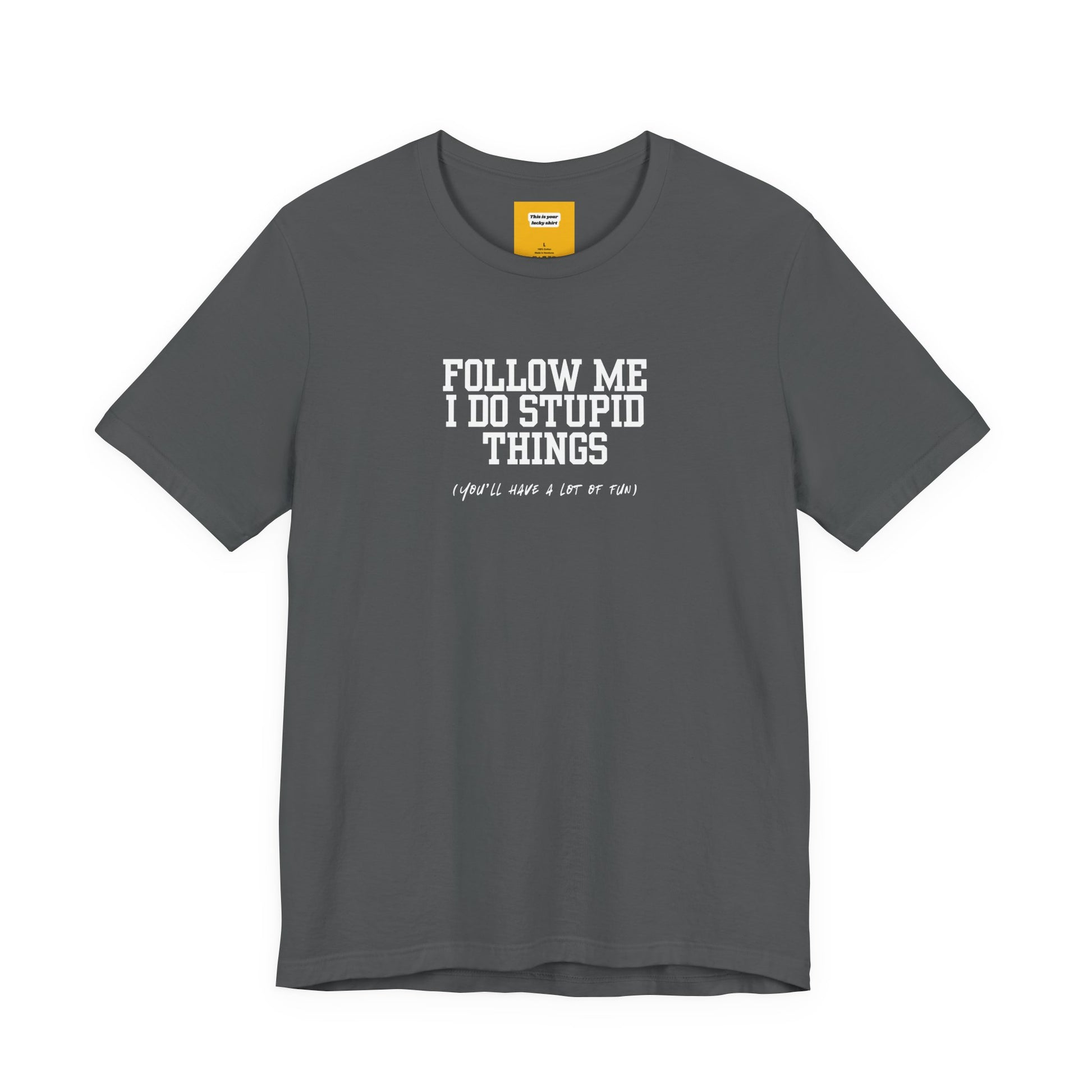 grey  t-shirt with white text Follow Me I  Do Stupid Things on a white background 
