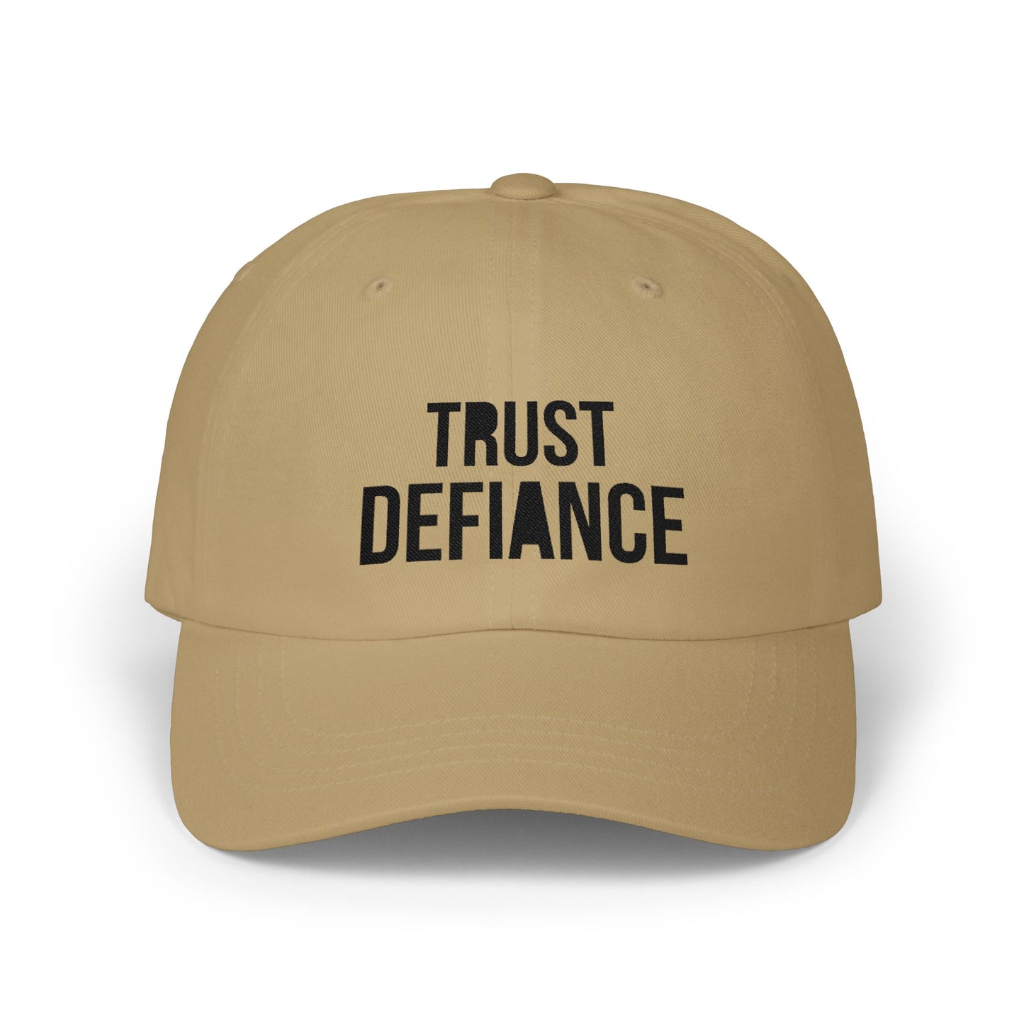 Classic dad cap with black embroidered TRUST DEFIANCE text - unstructured cotton hat