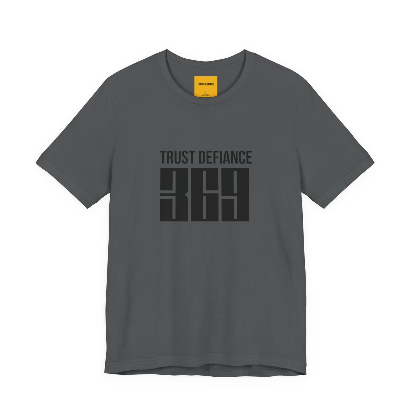 grey unisex t-shirt with TRUST DEFIANCE 369 graphic print - manifestation streetwear tee