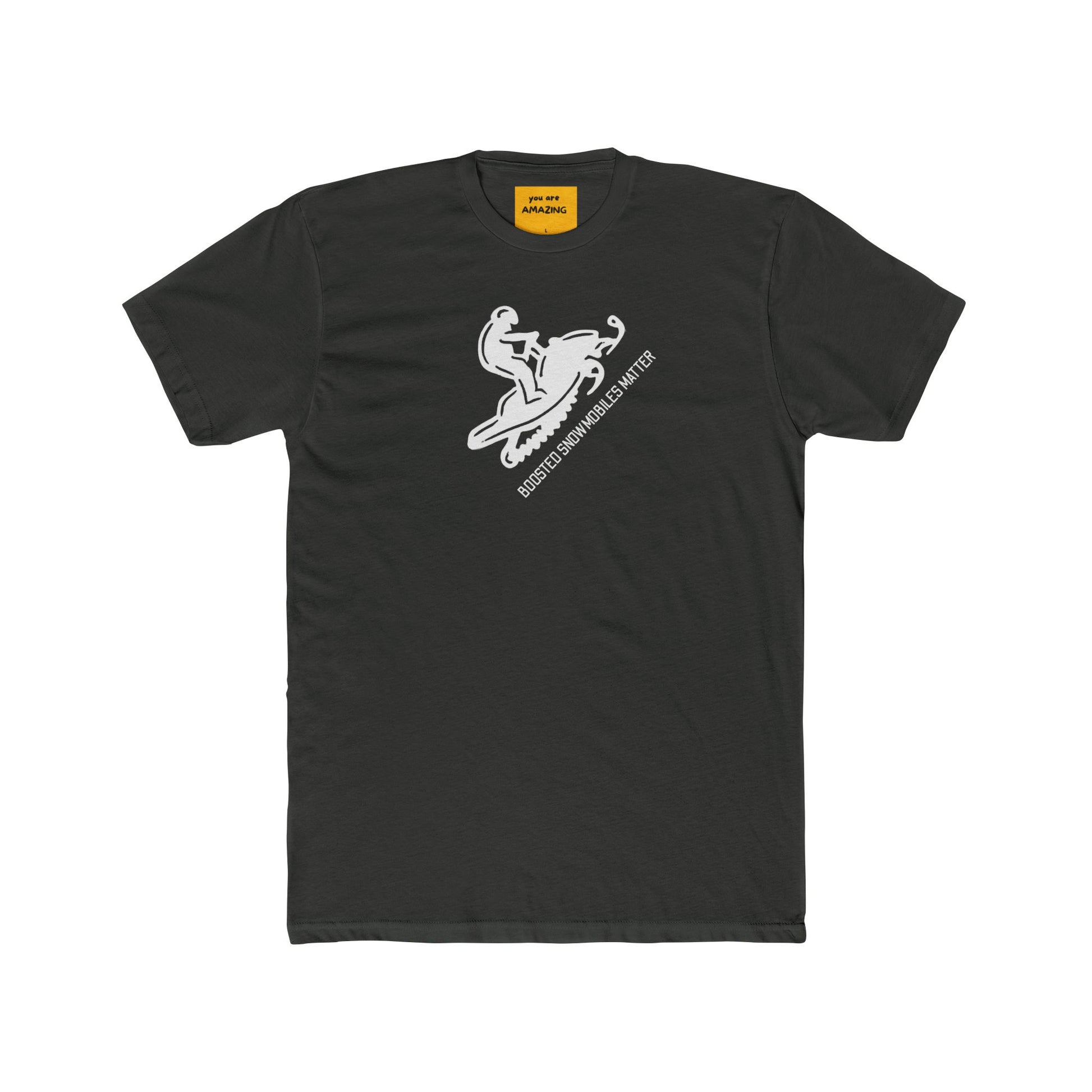 Black t-shirt with white  snowmobile graphic design with text on a white background yellow neck label
