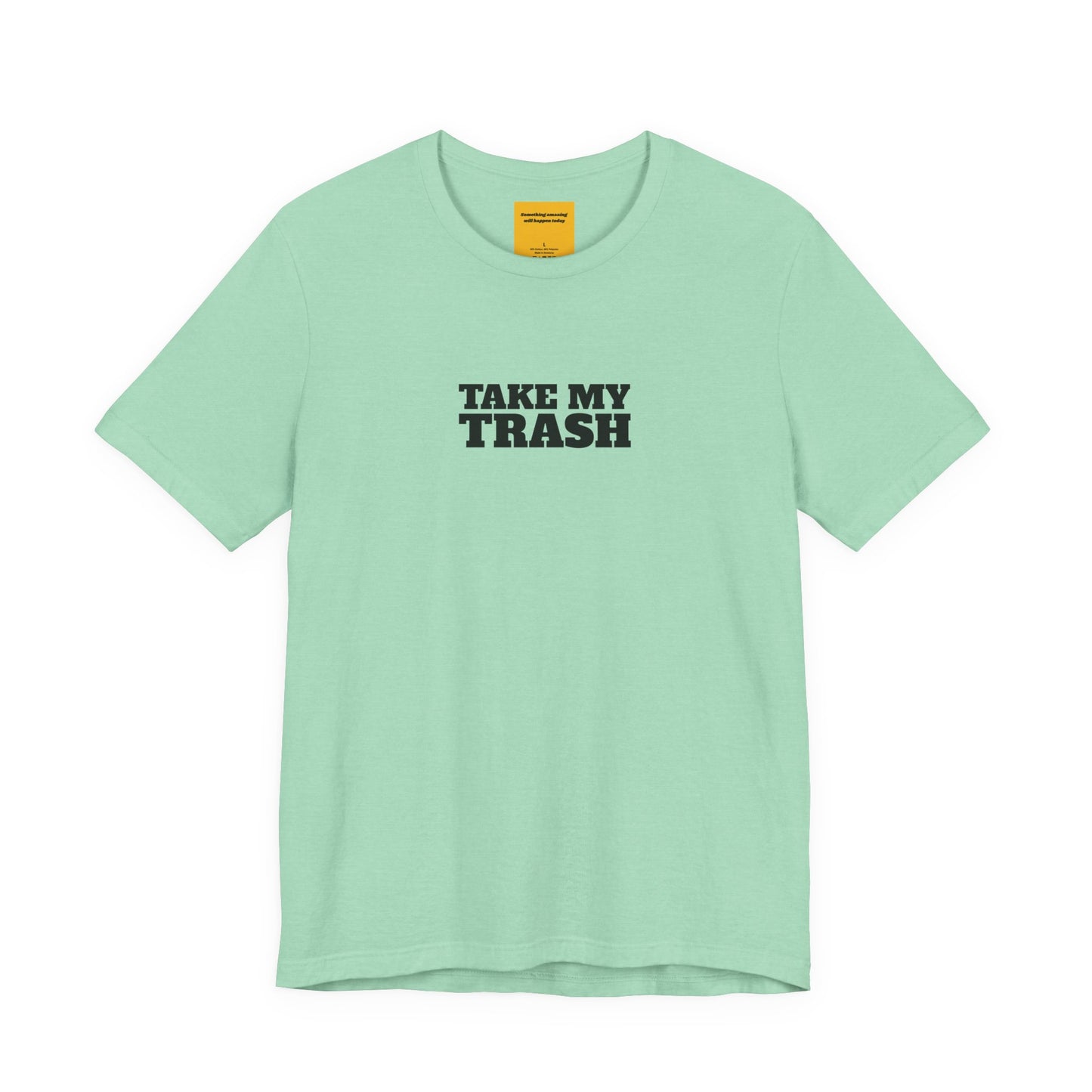 mint green unisex t-shirt with TAKE MY TRASH text - funny breakup tee anti-Valentine's with neck label SOMETHING AMAZING WILL HAPPEN TODAY